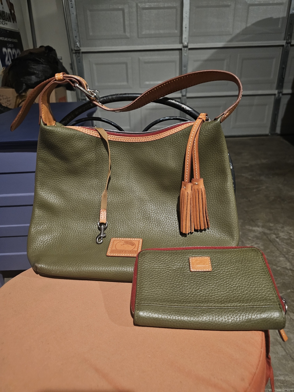 Dooney and Bourke Olive Green and Tan Leather Hobo Bag And Zipper Wallet